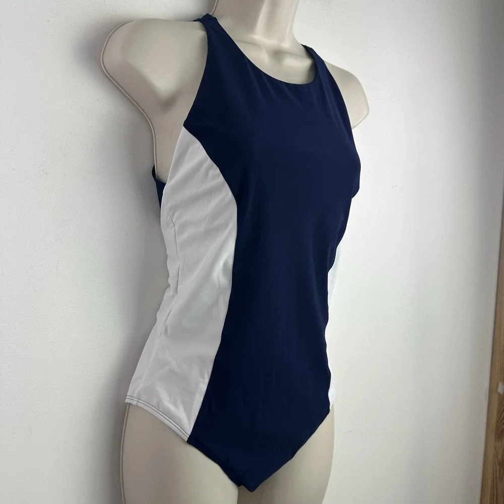 Tory Burch Sport One‎ Piece Swimsuit Size Medium Crew Neck Navy Blue White